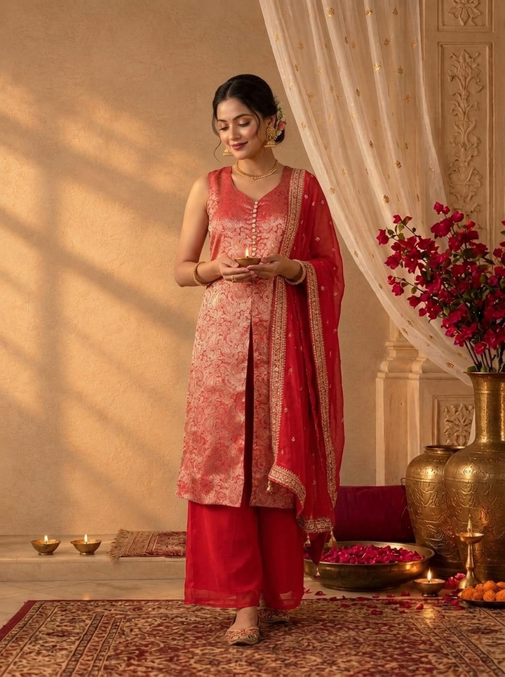 Red Banaras Brocade Paisley Weaved Three Piece Set
