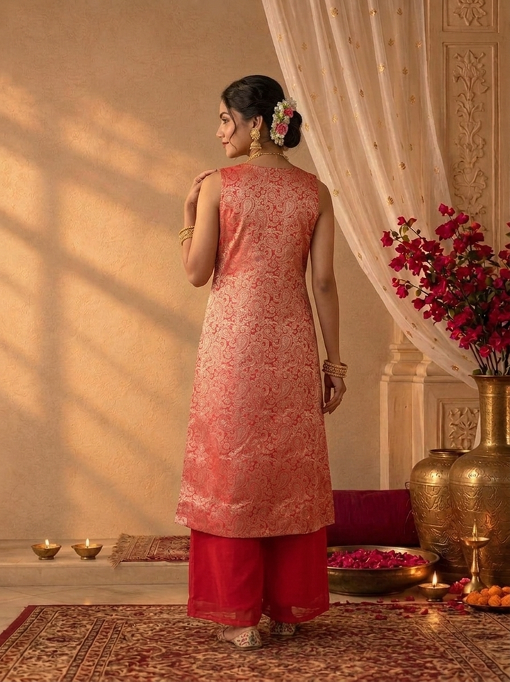 Red Banaras Brocade Paisley Weaved Three Piece Set