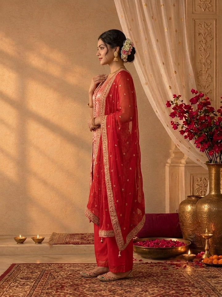 Red Banaras Brocade Paisley Weaved Three Piece Set