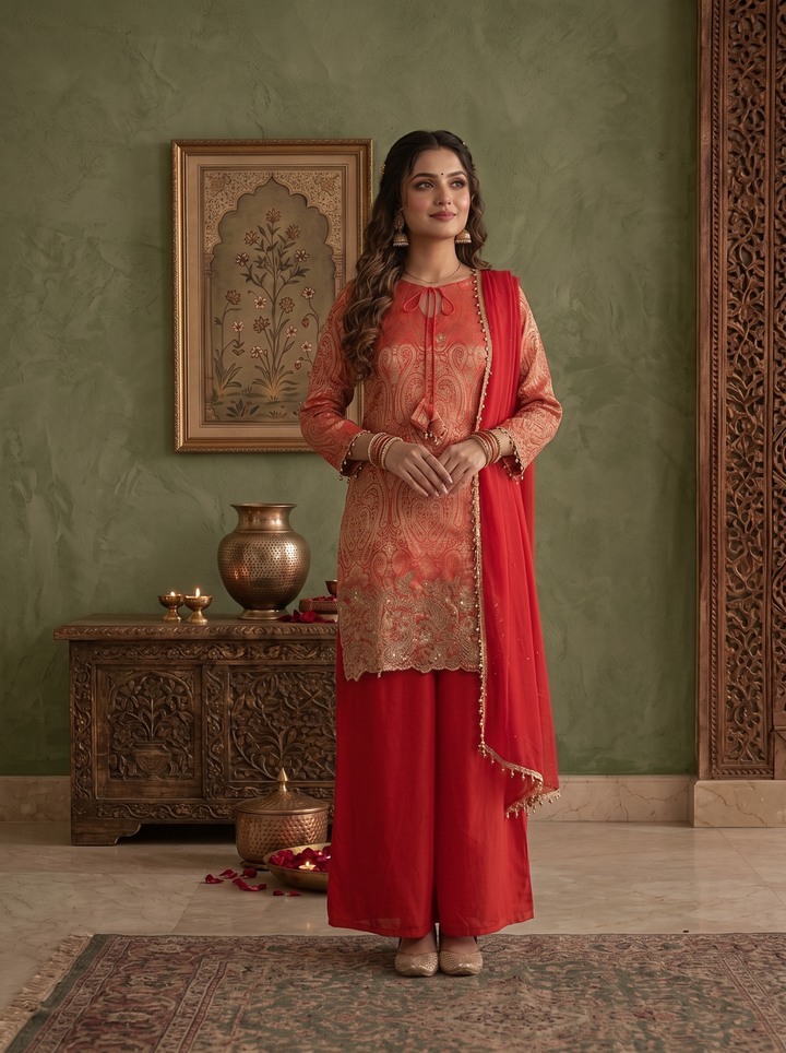 Red Silk Brocade Weaved And Embroidered Three Piece Set