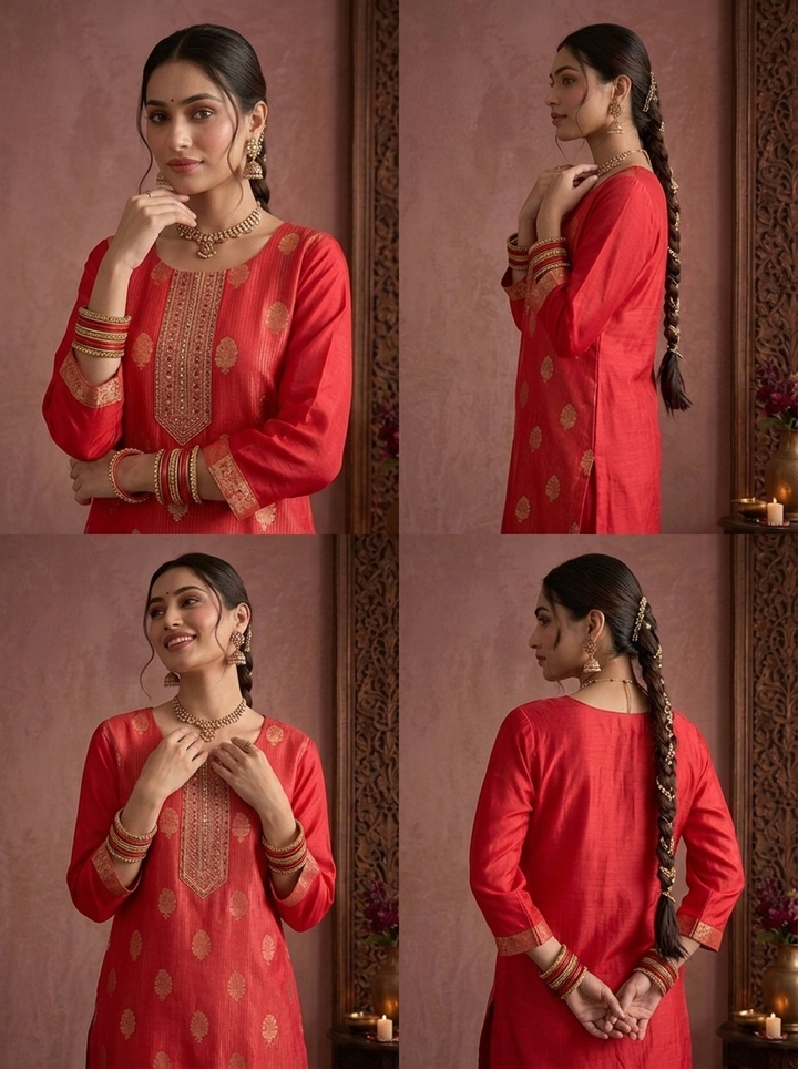 Rani Pink Tissue Zari Stripes With Buta Weaved Three Piece Set