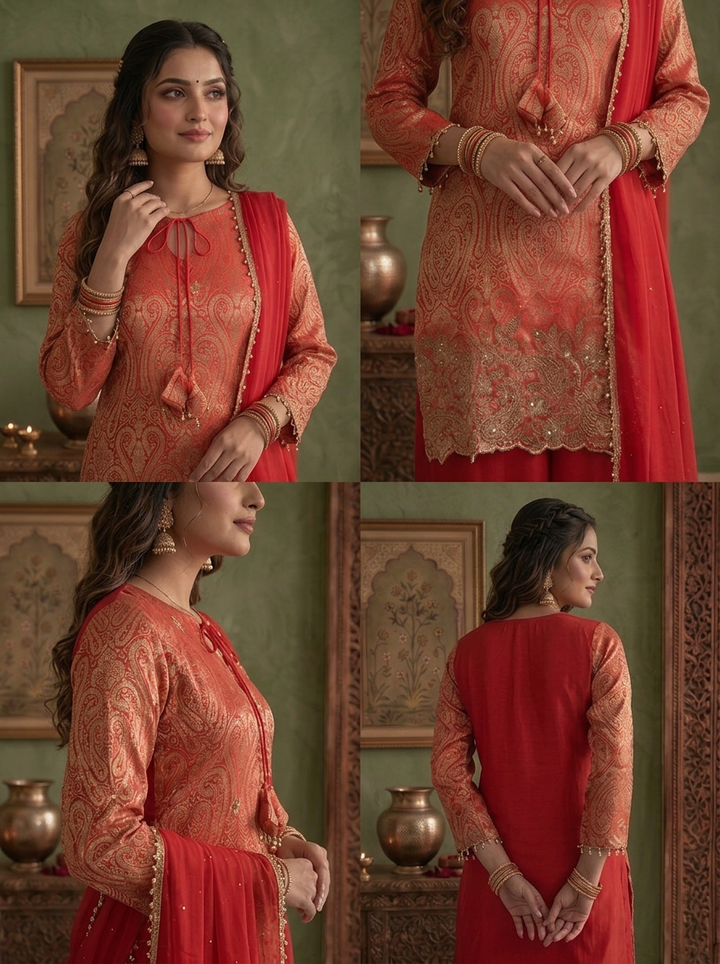 Red Silk Brocade Weaved And Embroidered Three Piece Set