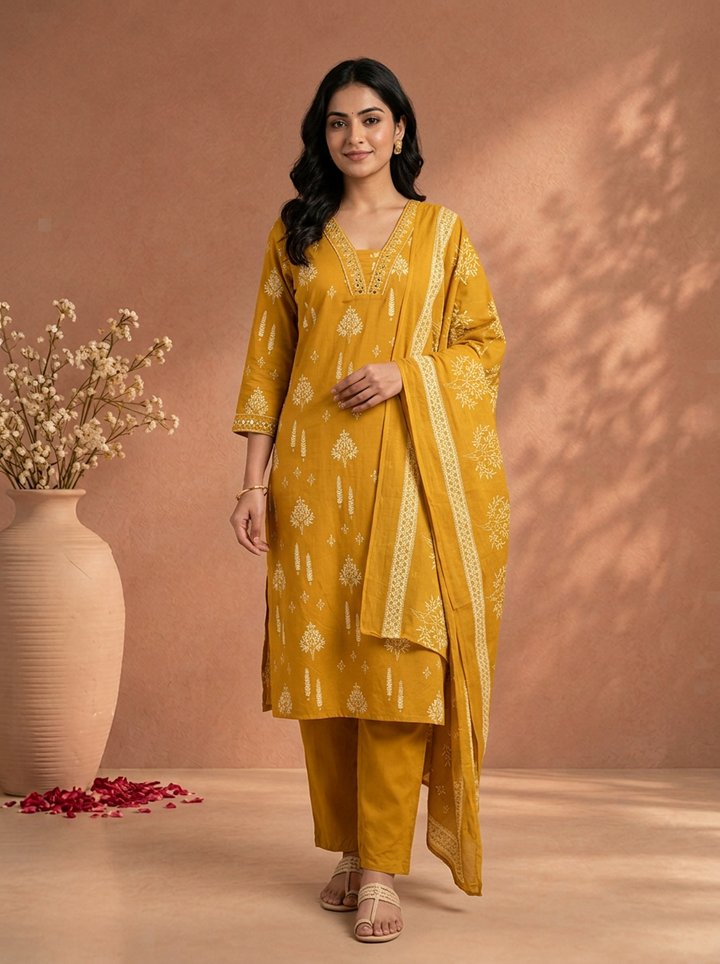 Mustard Cotton Mughal Tree Printed Three Piece Set
