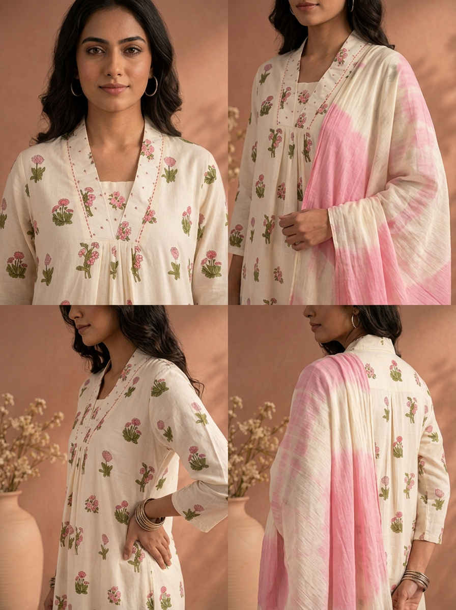 Baby Pink Cotton Floral Block Printed Three Piece Set