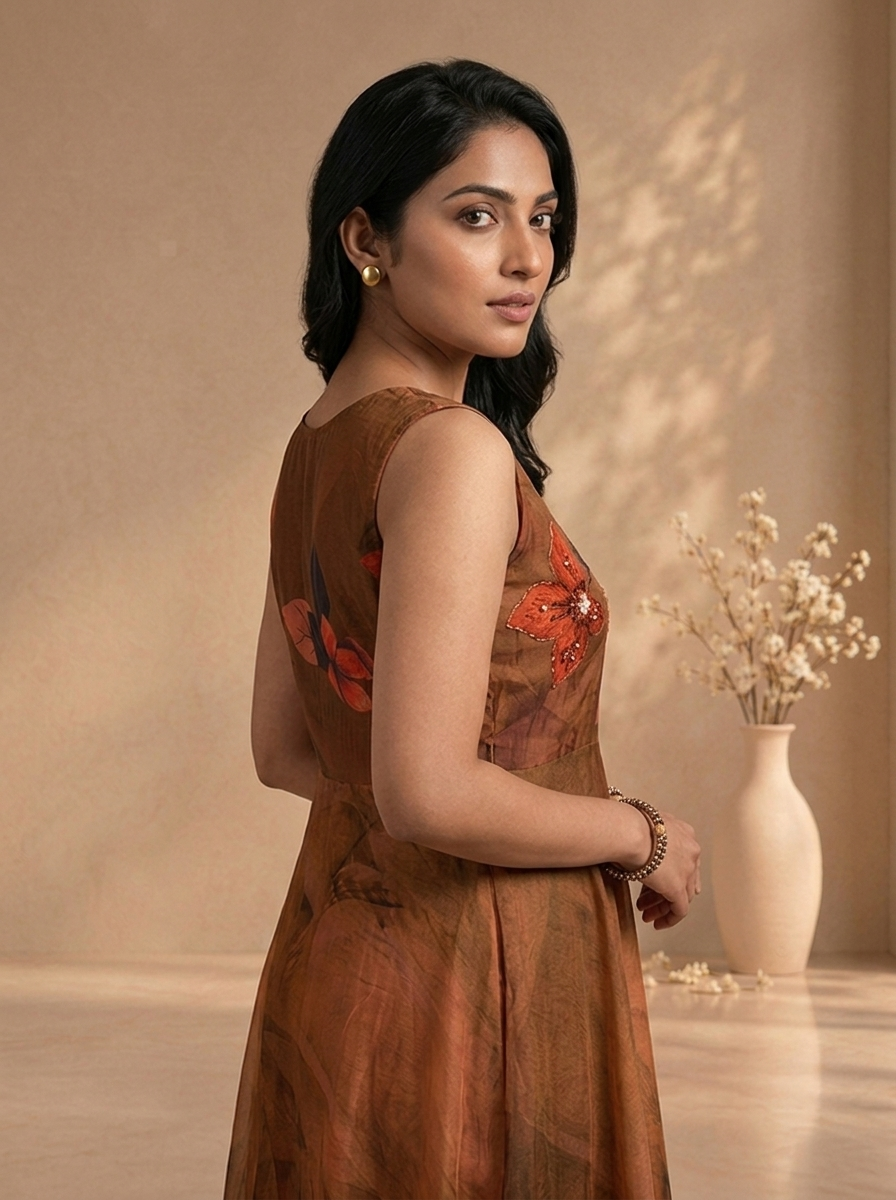 Brown Tissue Digital Floral Printed Long Dress