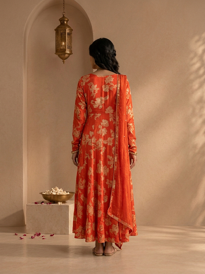 Rust Chinon Floral Brocade Printed Three Piece Set