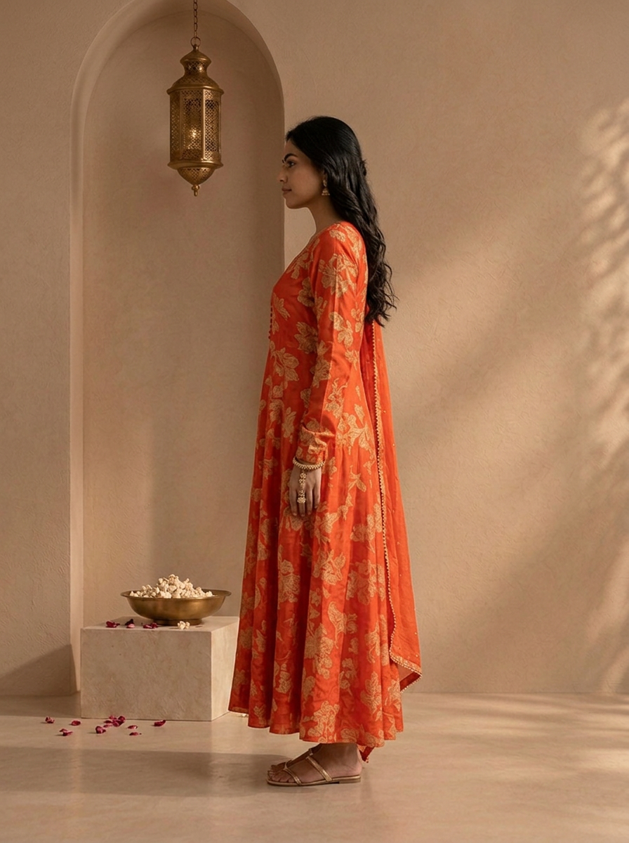 Rust Chinon Floral Brocade Printed Three Piece Set