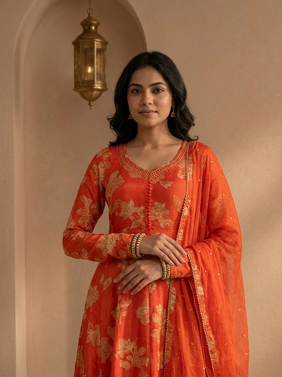 Rust Chinon Floral Brocade Printed Three Piece Set