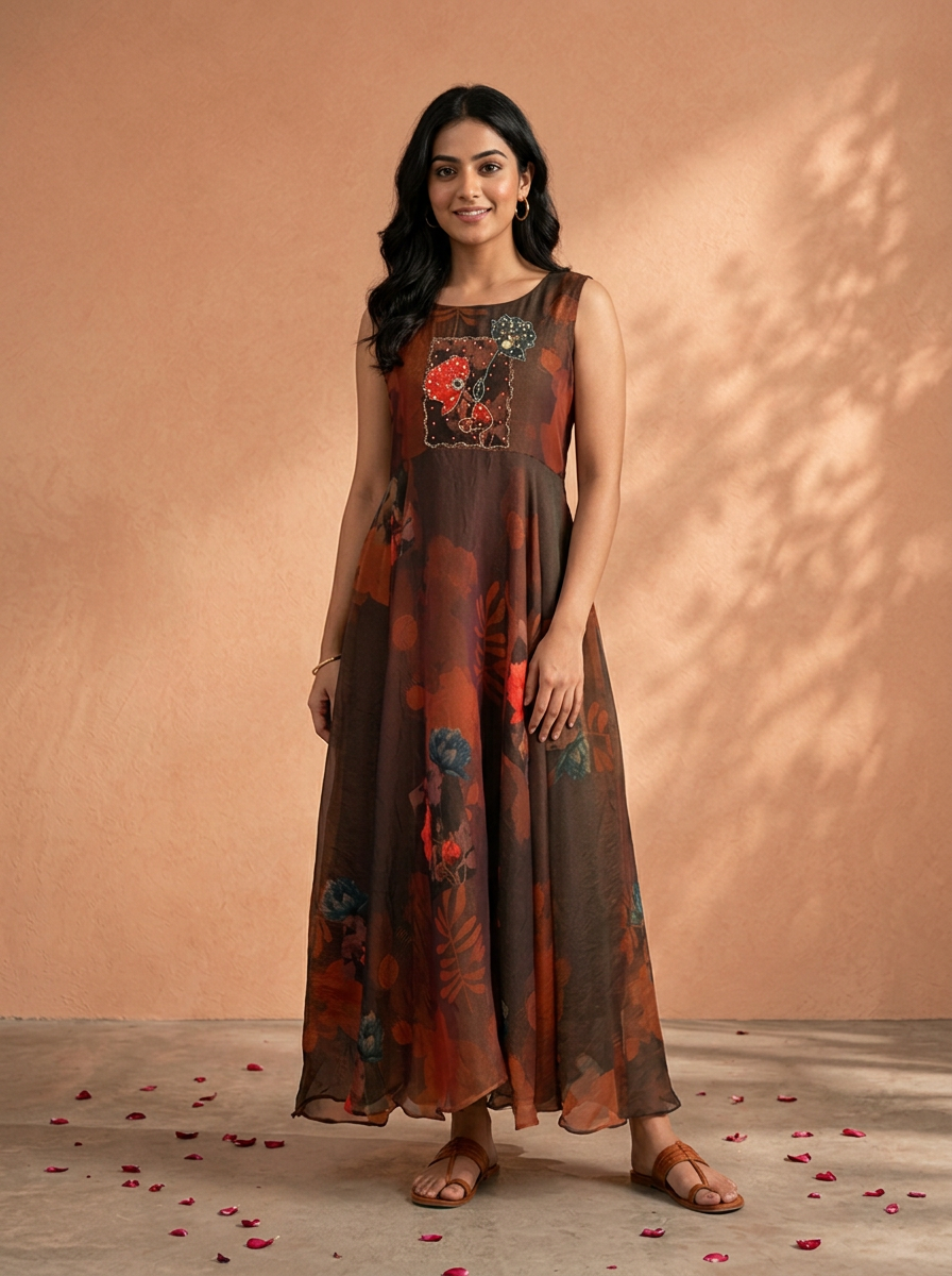Off Black Tissue Large Floral Digital Printed Long Dress