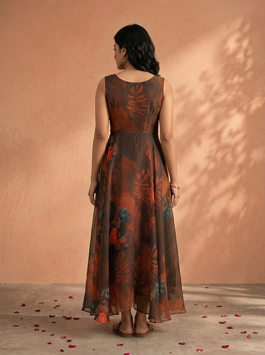 Off Black Tissue Large Floral Digital Printed Long Dress