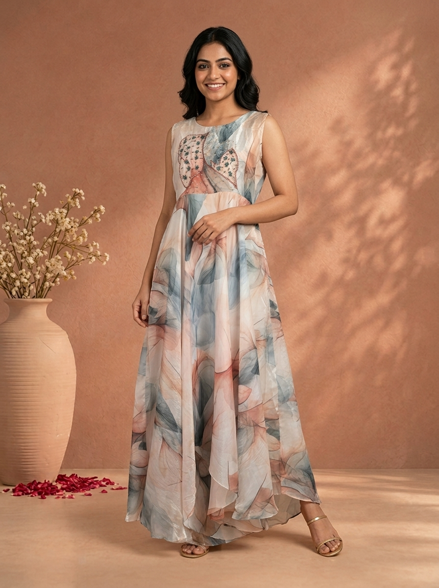 Off White Crepe Watercolor Leaf Digital Printed Long Dress