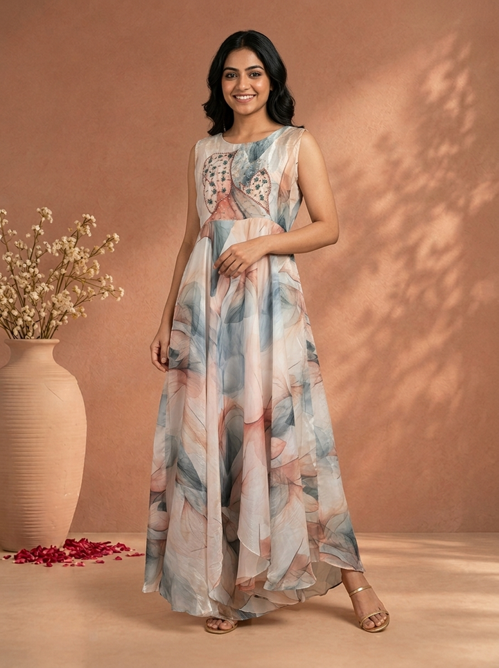 Off White Crepe Watercolor Leaf Digital Printed Long Dress