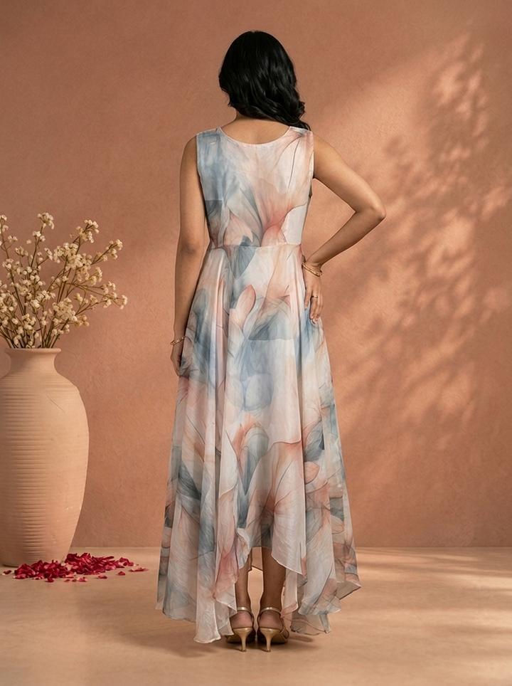 Off White Crepe Watercolor Leaf Digital Printed Long Dress