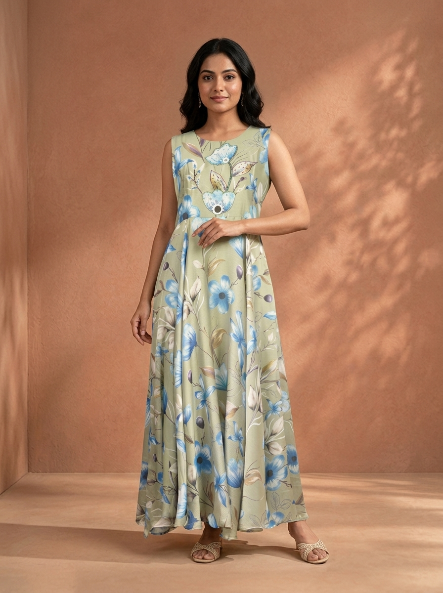 Pista Crepe Large Floral Digital Printed Long Dress