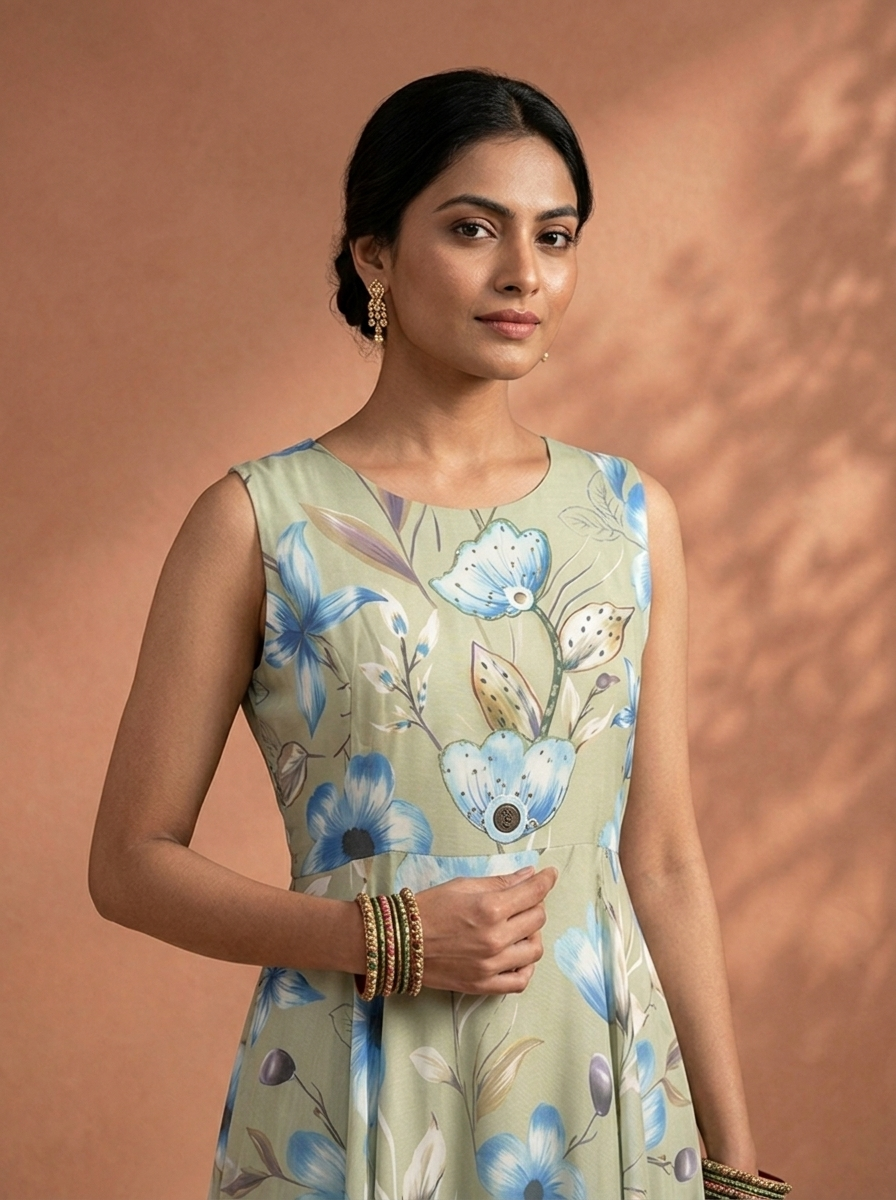 Pista Crepe Large Floral Digital Printed Long Dress