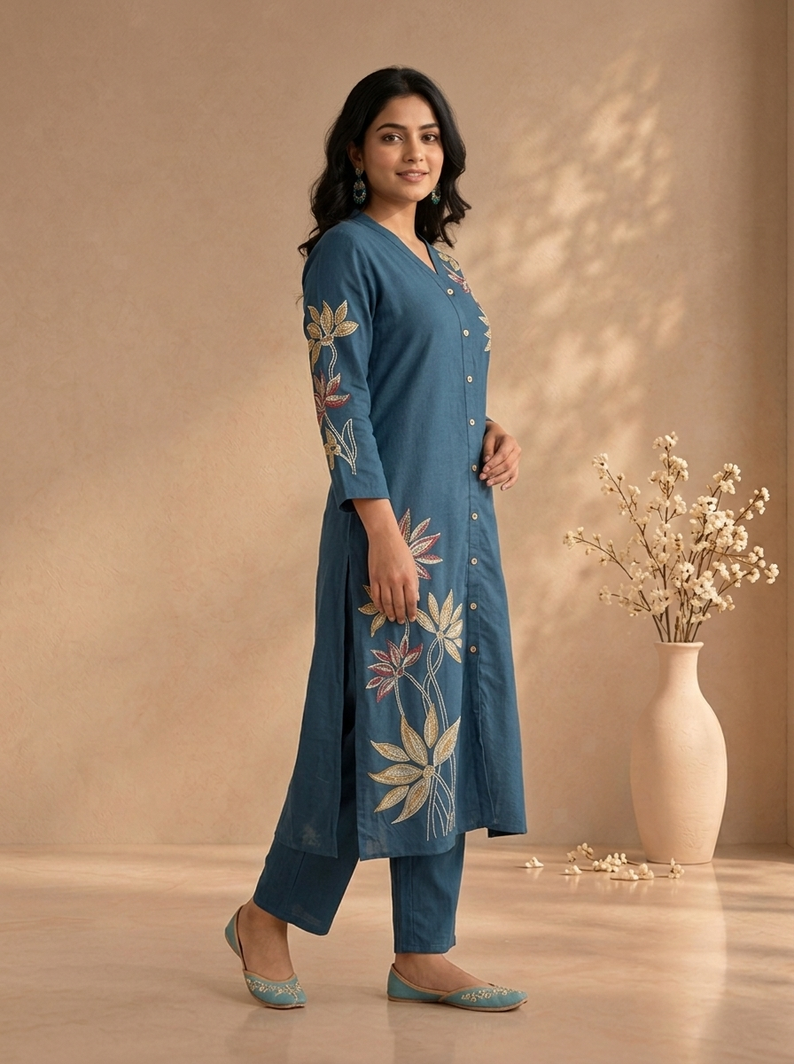 Teal Blue Cotton Lotus Floral Thread Embroidered Two Piece Set