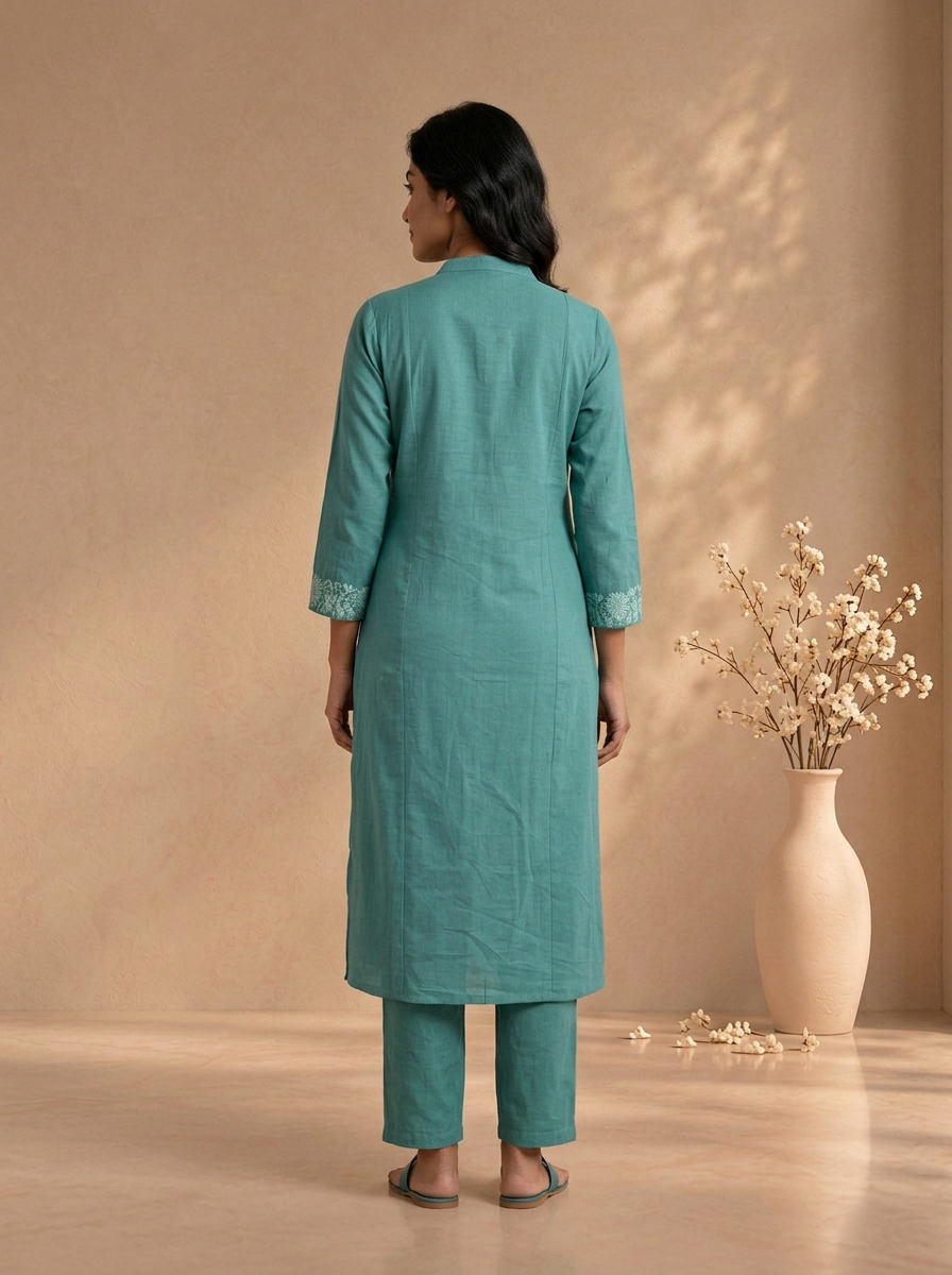 Sea Green Cotton Floral Thread Embroidered Two Piece Set