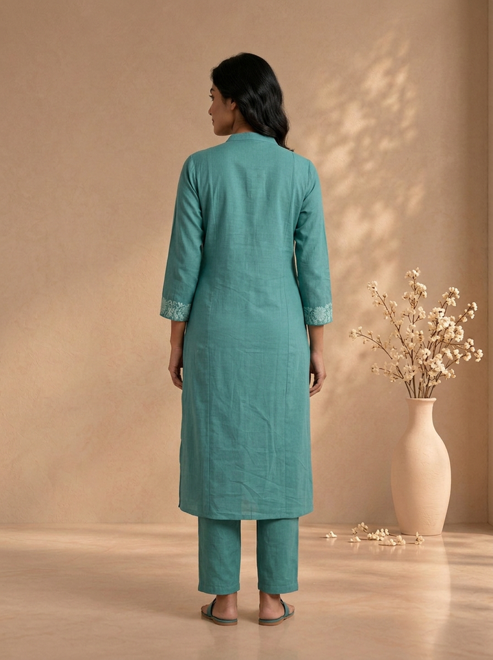 Sea Green Cotton Floral Thread Embroidered Two Piece Set