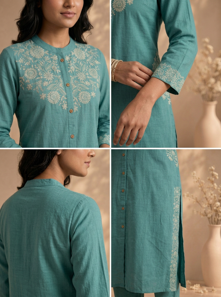 Sea Green Cotton Floral Thread Embroidered Two Piece Set