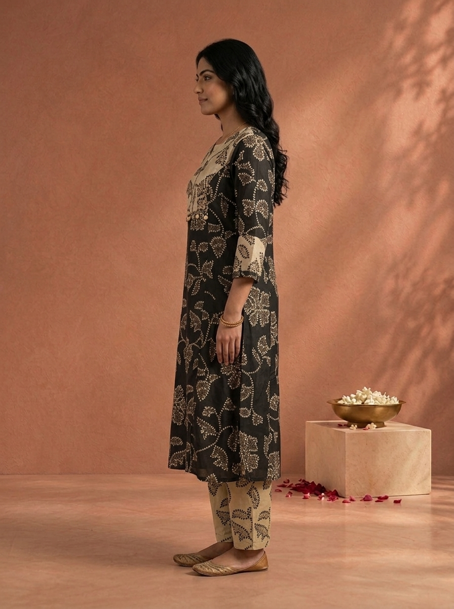Black Satin Bandhani Floral Dot Printed Two Piece Set