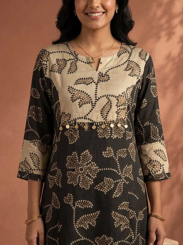 Black Satin Bandhani Floral Dot Printed Two Piece Set