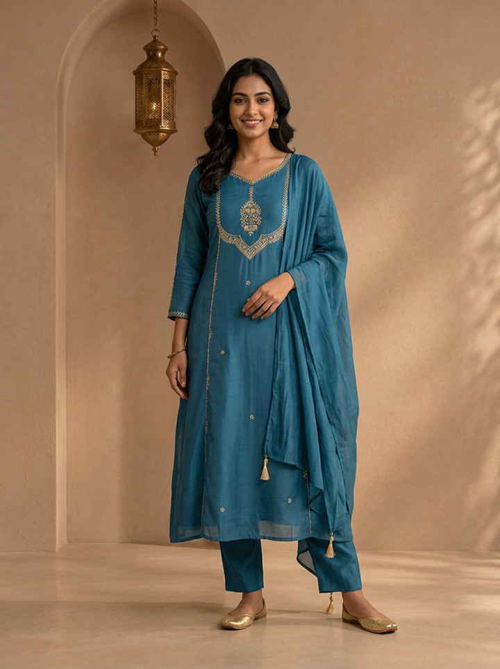 Teal Blue Chanderi Embroidered Three Piece Set