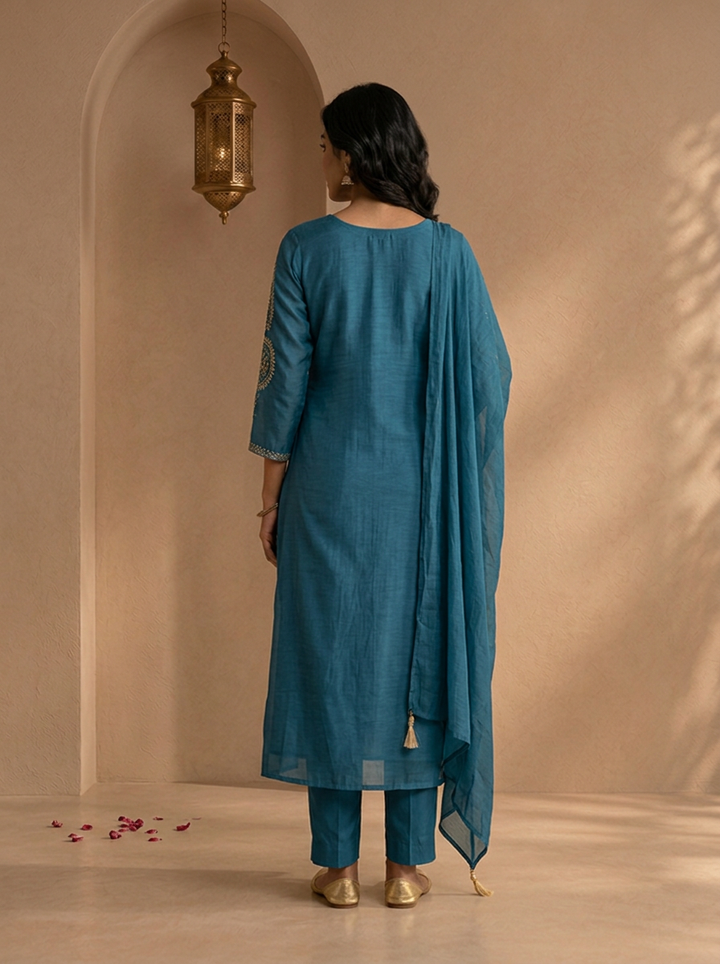 Teal Blue Chanderi Embroidered Three Piece Set