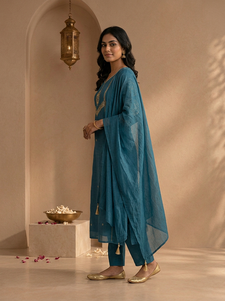 Teal Blue Chanderi Embroidered Three Piece Set