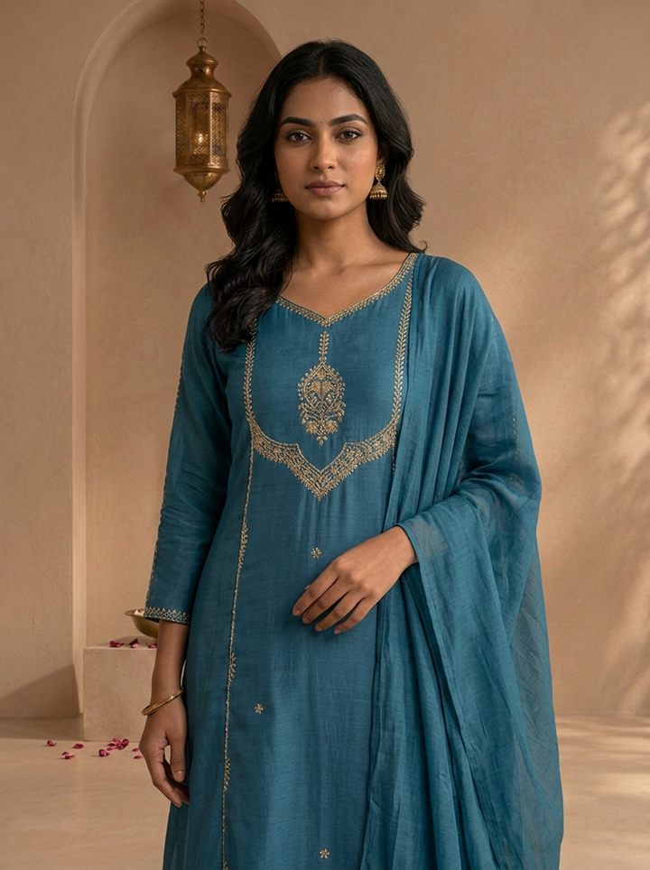 Teal Blue Chanderi Embroidered Three Piece Set