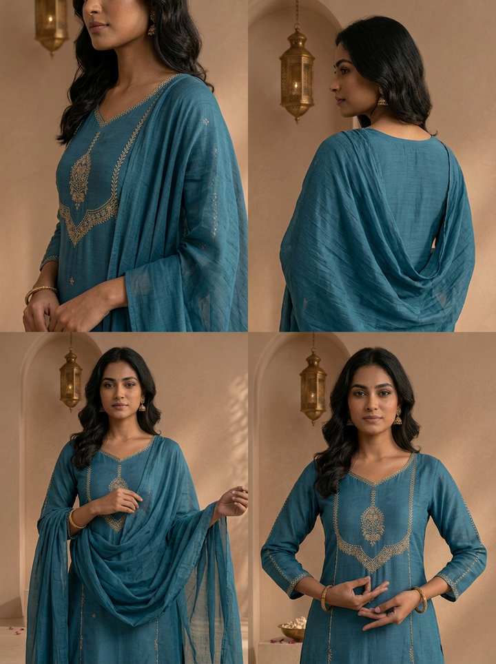 Teal Blue Chanderi Embroidered Three Piece Set
