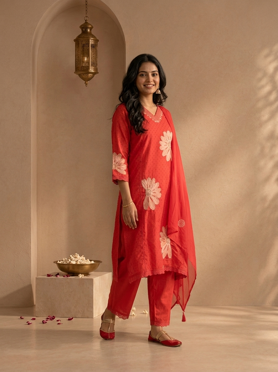 Red Rayon Floral Applique Patch Embroidered Three Piece Set