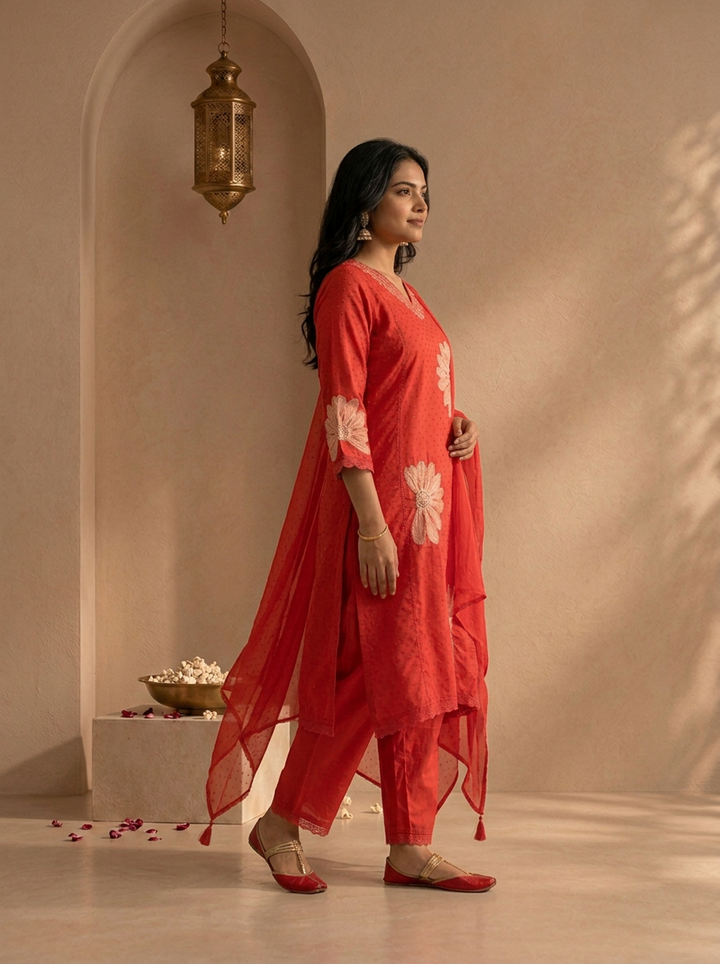 Red Rayon Floral Applique Patch Embroidered Three Piece Set