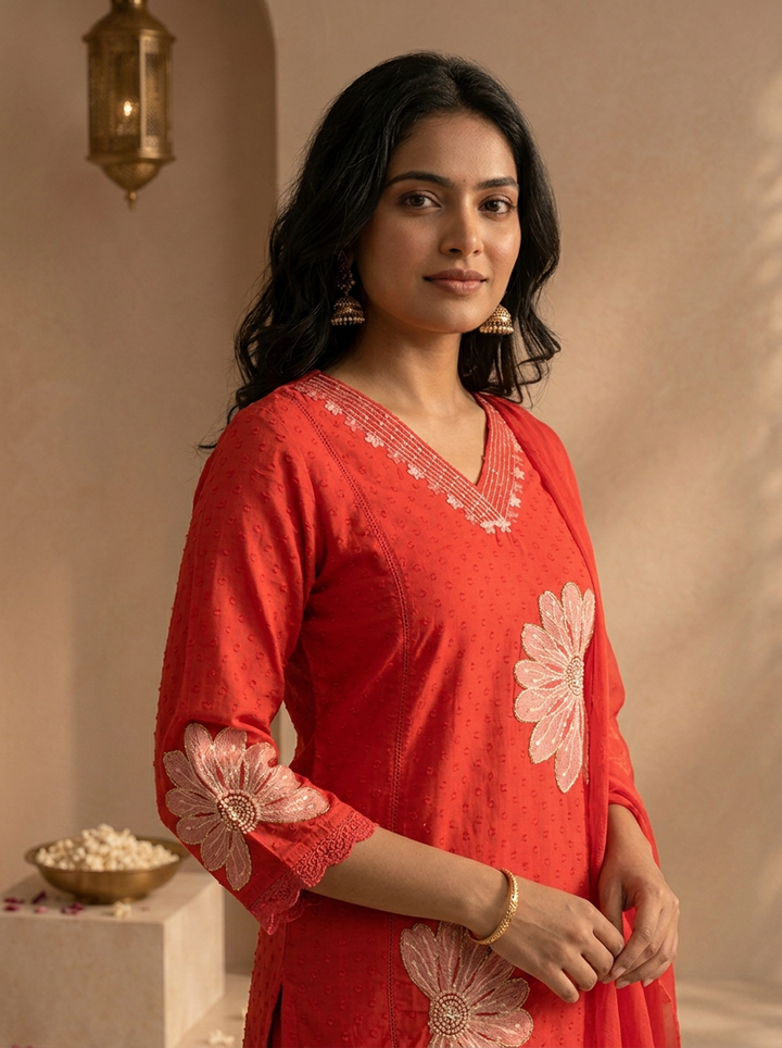 Red Rayon Floral Applique Patch Embroidered Three Piece Set