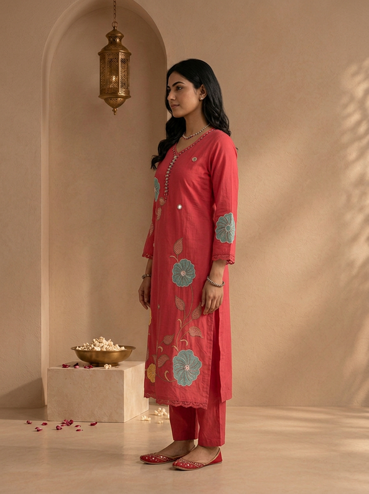 Rose Pink Cotton Floral Patch Embroidered Three Piece Set