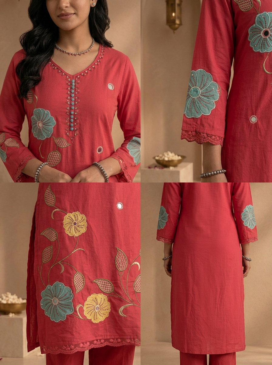 Rose Pink Cotton Floral Patch Embroidered Three Piece Set