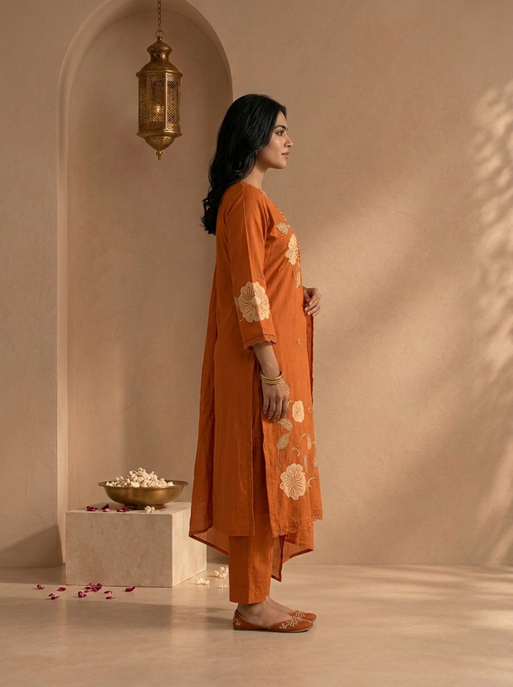 Orange Cotton Floral Patch Embroidered Three Piece Set