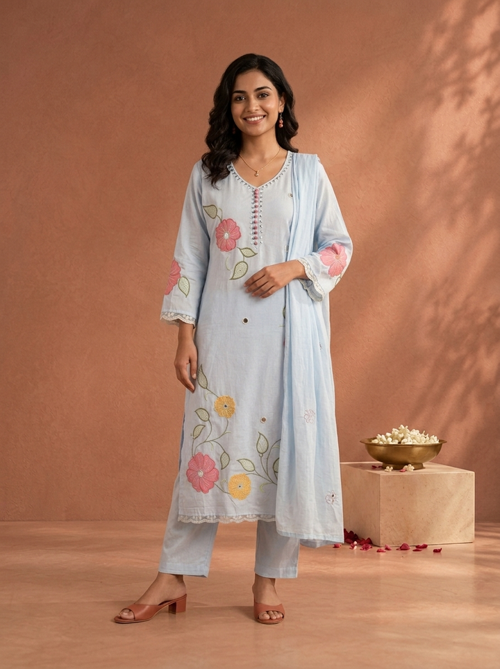 Sky Blue Cotton Floral Patch Embroidered Three Piece Set