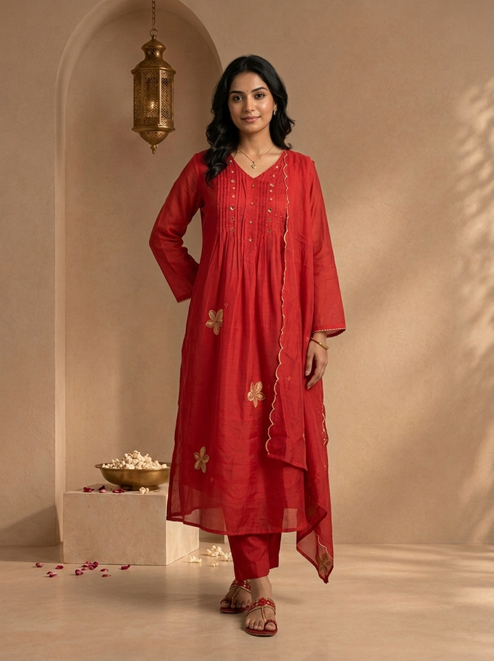 Maroon Muslin Zari Floral Thread Embroidered Three Piece Set