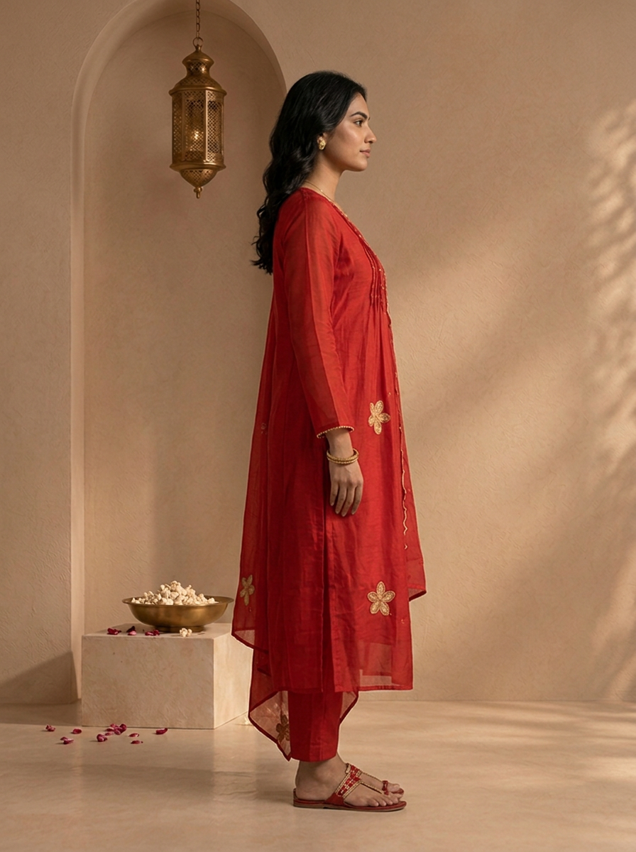 Maroon Muslin Zari Floral Thread Embroidered Three Piece Set