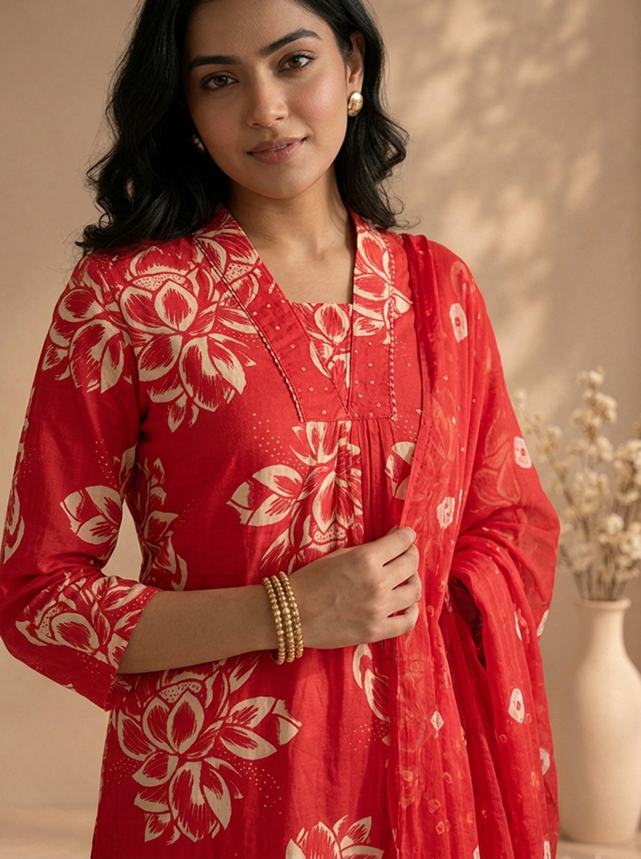 Rani Cotton Large Lotus Floral Printed Three Piece Set