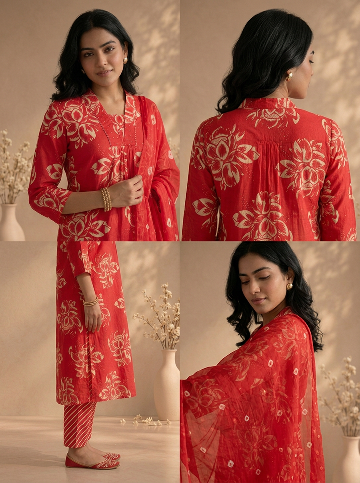 Rani Cotton Large Lotus Floral Printed Three Piece Set