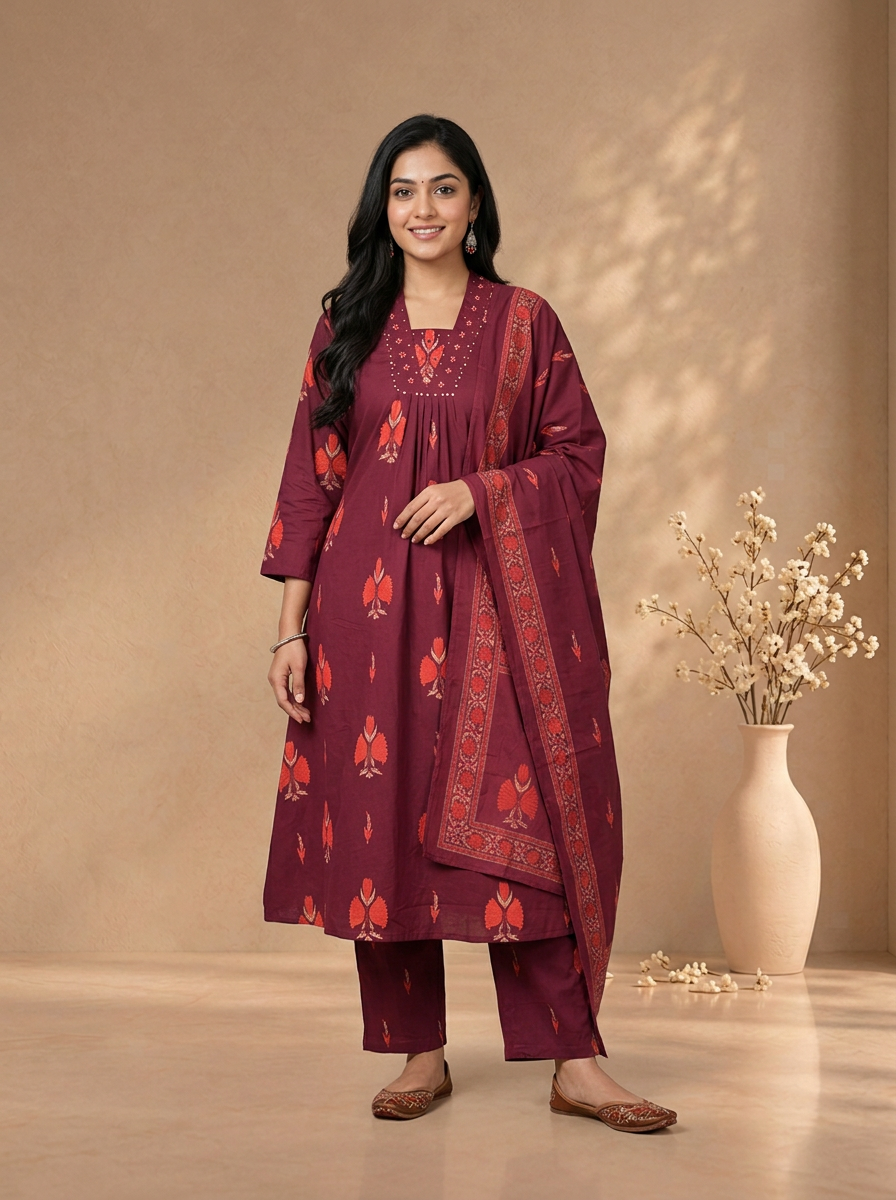 Wine Cotton Floral Block Printed Three Piece Set