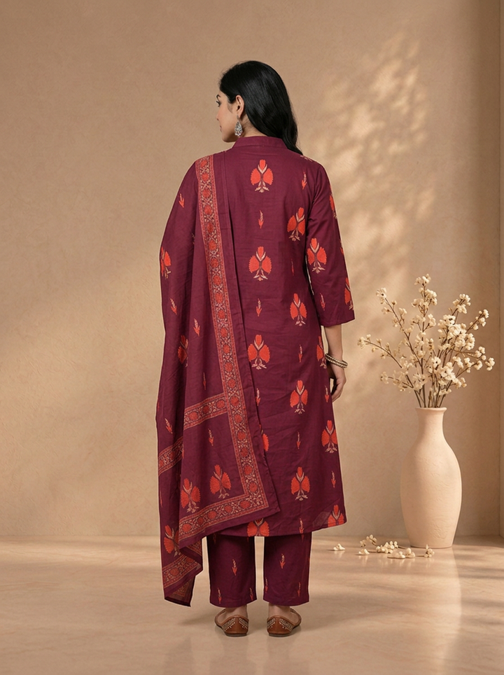Wine Cotton Floral Block Printed Three Piece Set