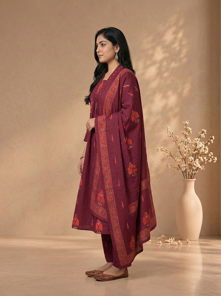 Wine Cotton Floral Block Printed Three Piece Set