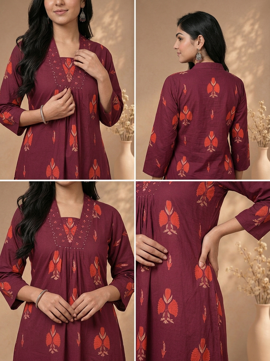 Wine Cotton Floral Block Printed Three Piece Set