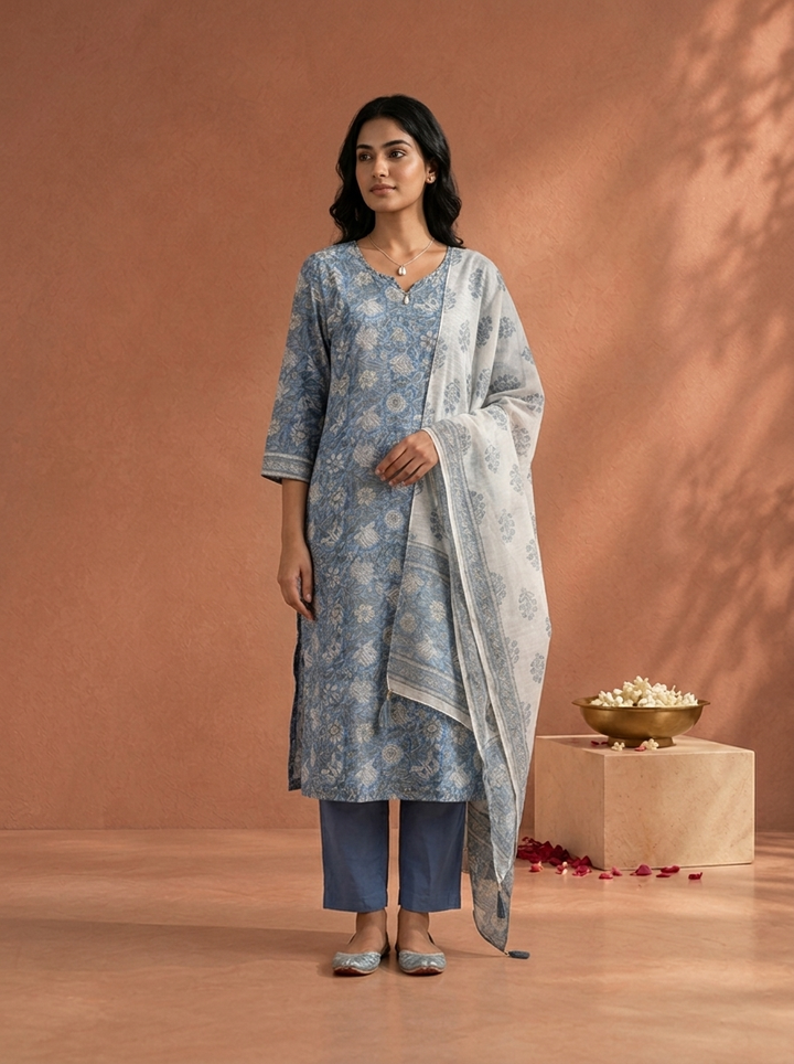 Blue Chanderi All Over Floral Printed Three Piece Set
