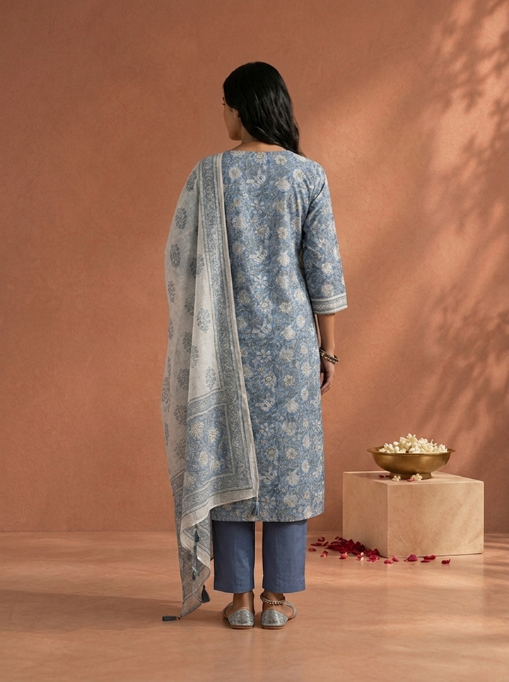 Blue Chanderi All Over Floral Printed Three Piece Set