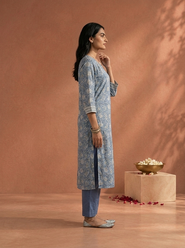 Blue Chanderi All Over Floral Printed Three Piece Set