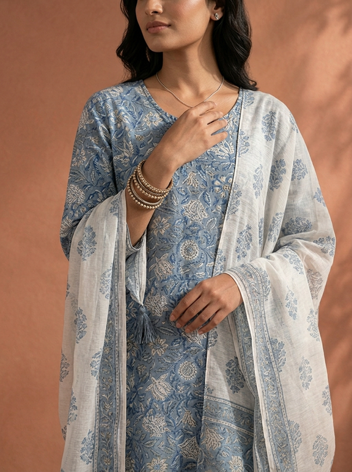 Blue Chanderi All Over Floral Printed Three Piece Set