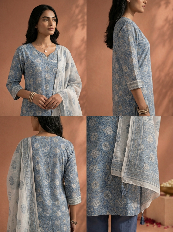 Blue Chanderi All Over Floral Printed Three Piece Set